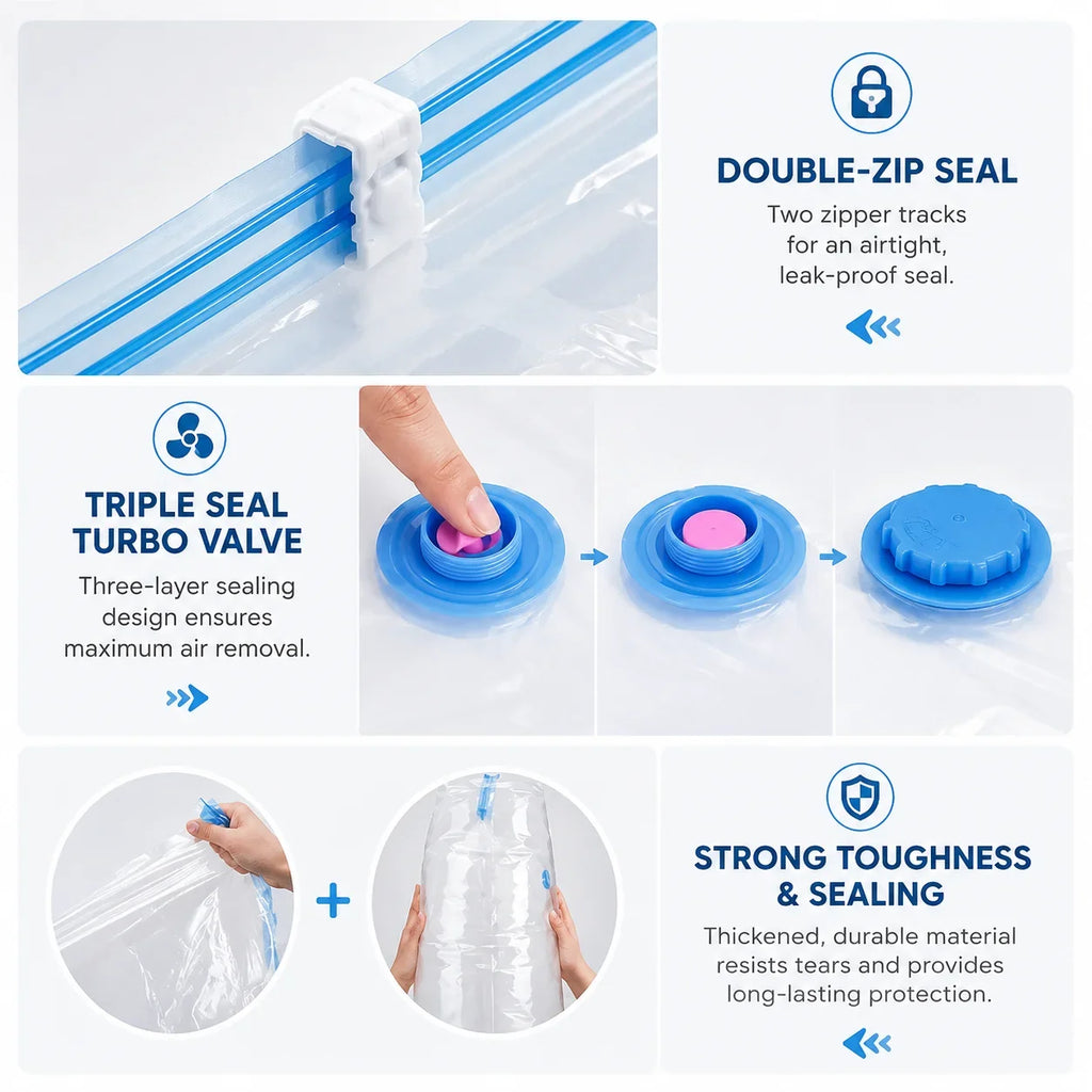 Clear vacuum storage bag with blue double-zip seal and turbo valve for space-saving organization
