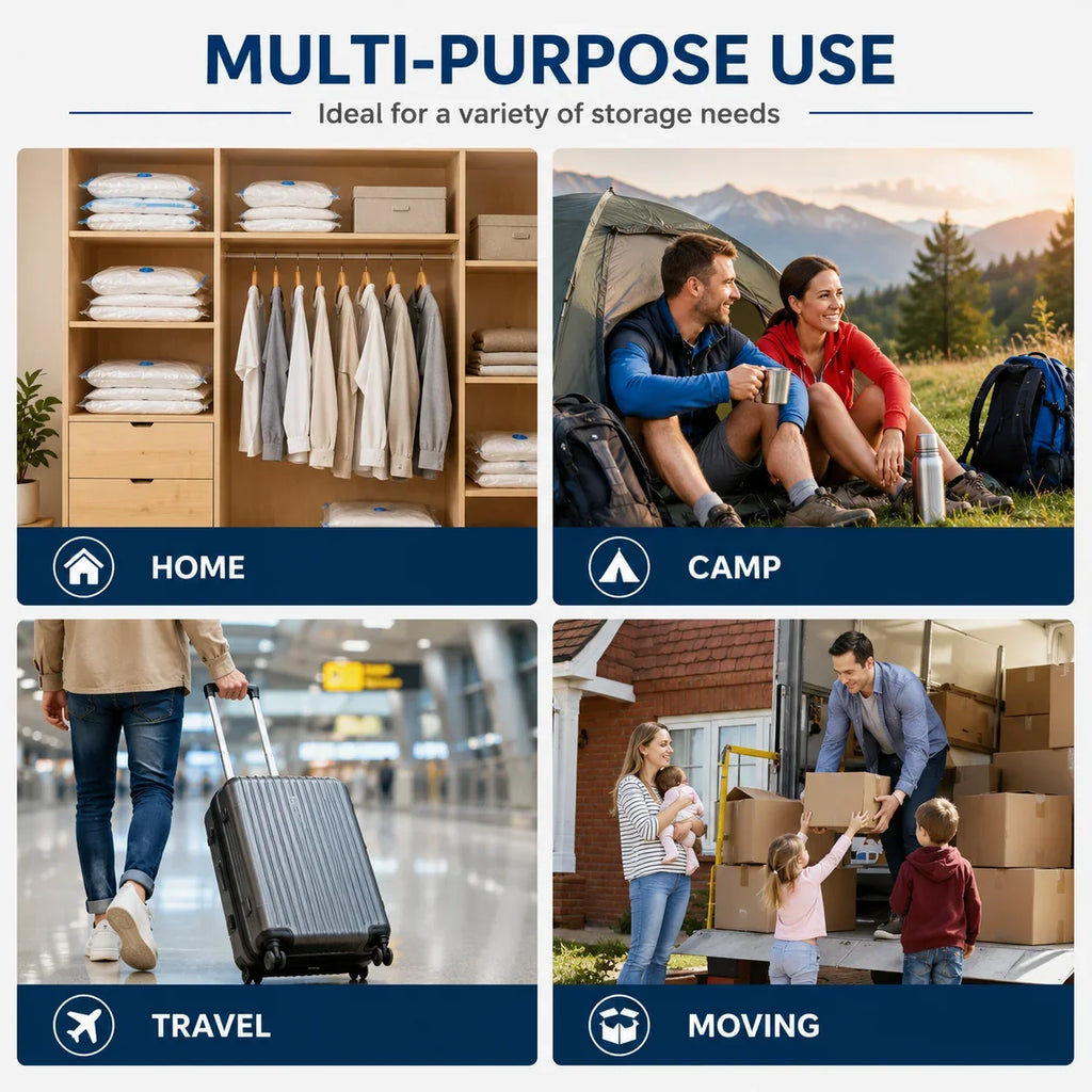 Multi-purpose storage solutions for home, camping, travel, and moving with organized closets, luggage, and packing boxes