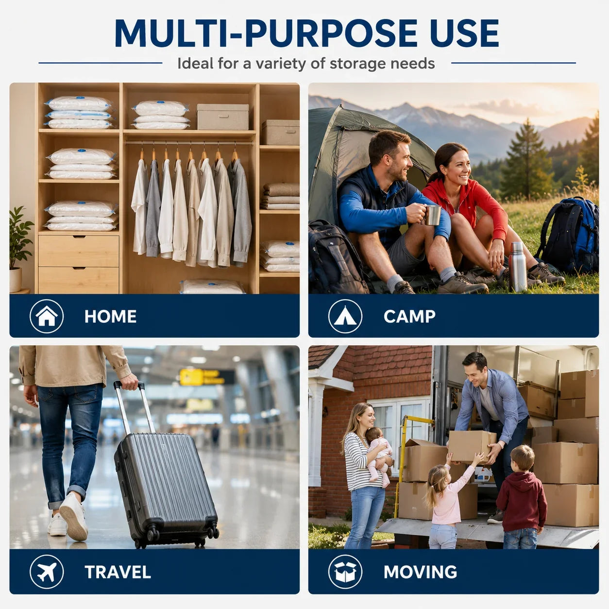 Multi-purpose storage solutions for home, camping, travel, and moving with organized closets, luggage, and packing boxes