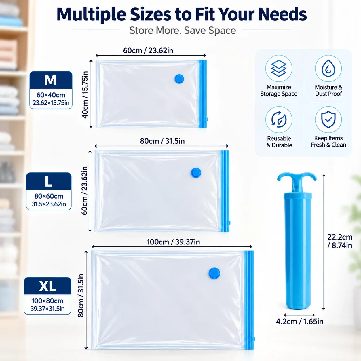 Clear plastic vacuum storage bags with blue seals in M, L, XL sizes plus pump for space-saving home organization