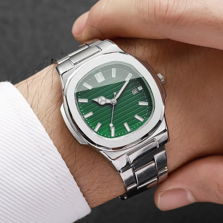 Velqo Essential Steel Watch with silver stainless steel band, green dial, and minimalist style