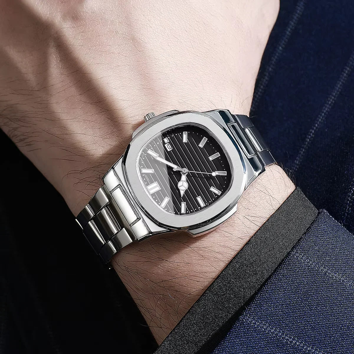 Velqo Essential steel watch, silver stainless steel, black dial, minimal modern style