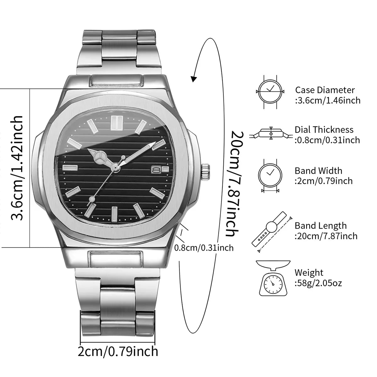Velqo Essential steel watch, silver metal wristwatch with black dial, minimal modern style