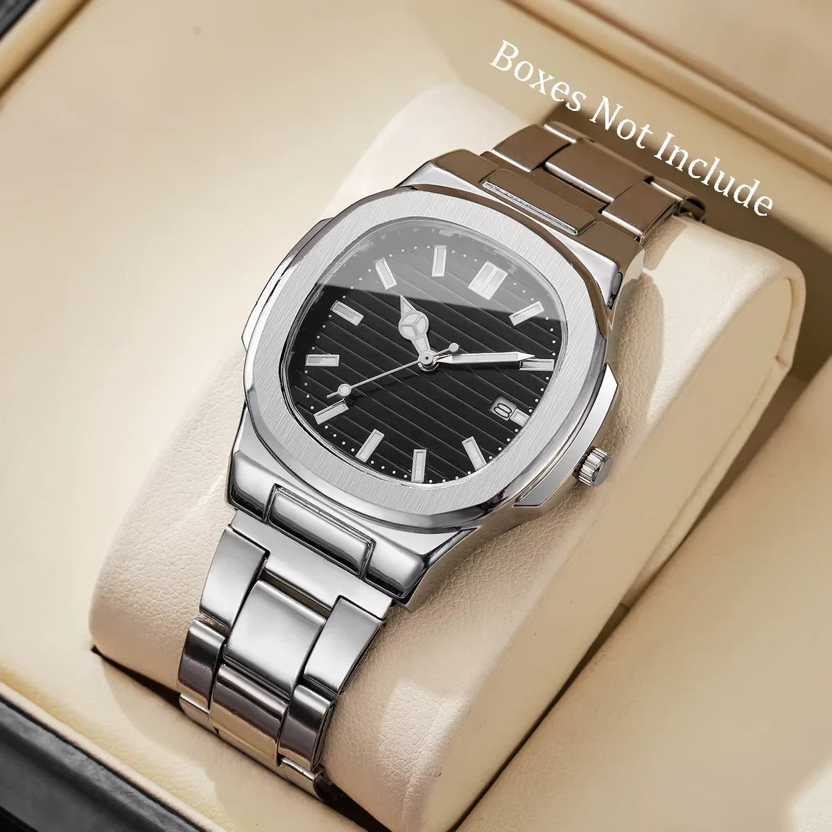 Velqo Essential steel watch, silver stainless steel bracelet, black dial, minimal style