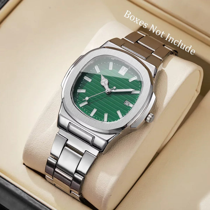 Velqo Essential steel watch, silver bracelet, green dial, minimal modern style, men's jewelry
