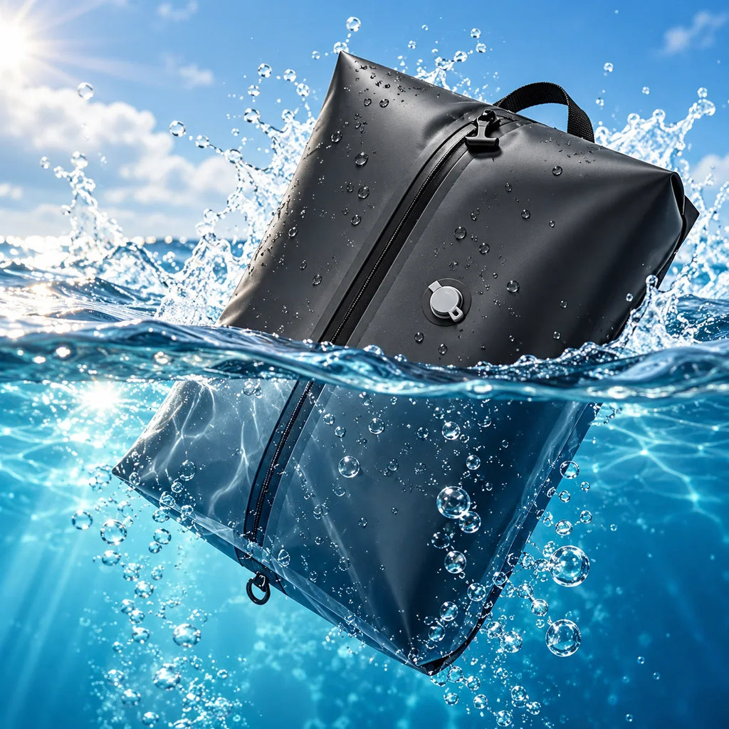 Waterproof black GetVelqo vacuum compression bag partially submerged in splashing blue ocean water.