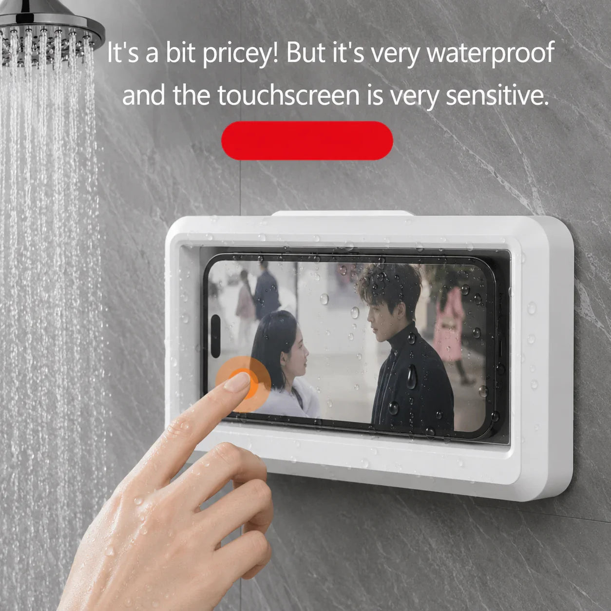 Waterproof shower phone holder with touchscreen, white plastic, mounted on bathroom wall