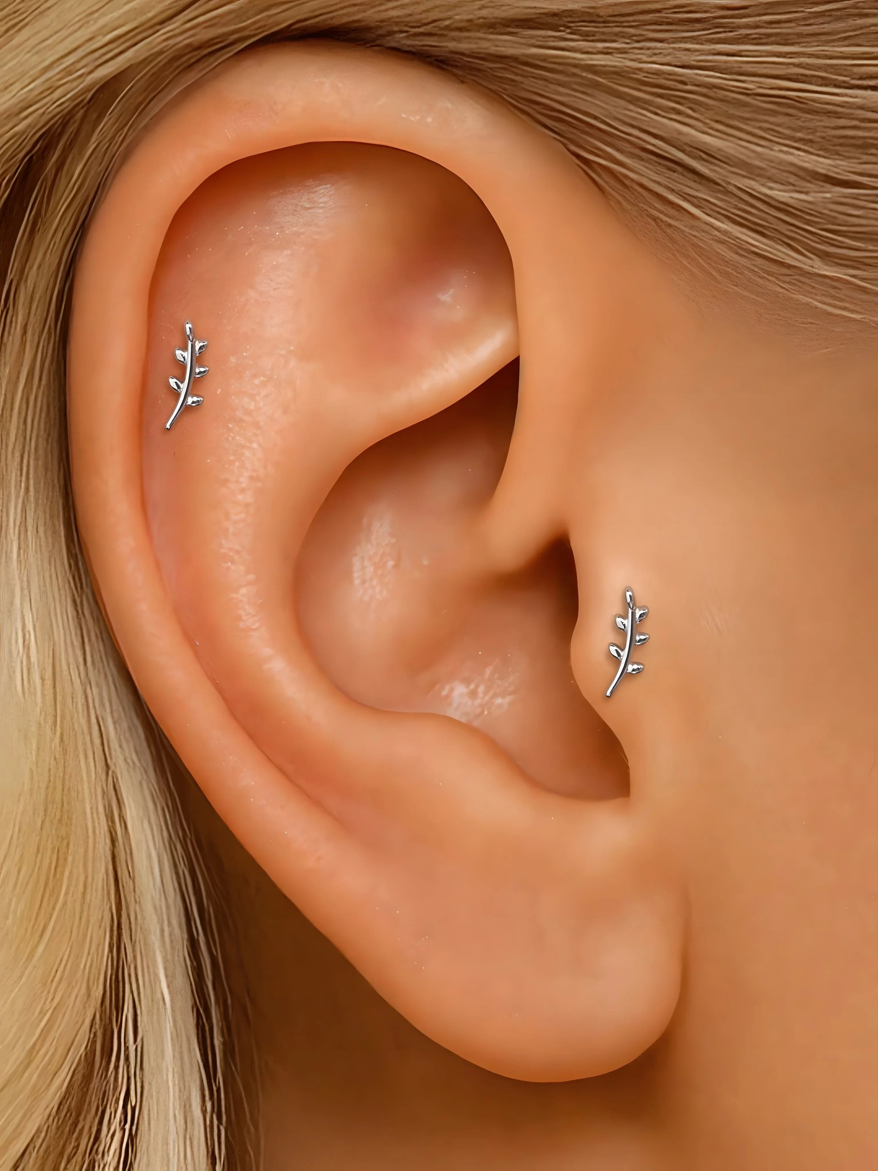Zircon stud earrings, silver tone, minimalist branch design, dainty jewelry for everyday wear.