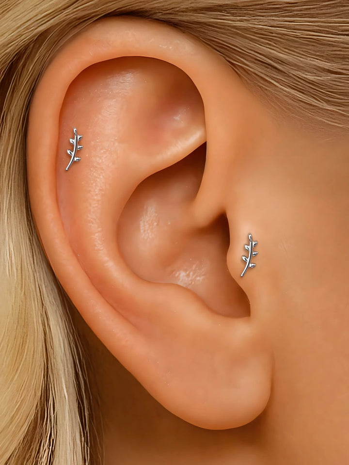 Zircon stud earrings, silver tone, minimalist branch design, dainty jewelry for everyday wear.