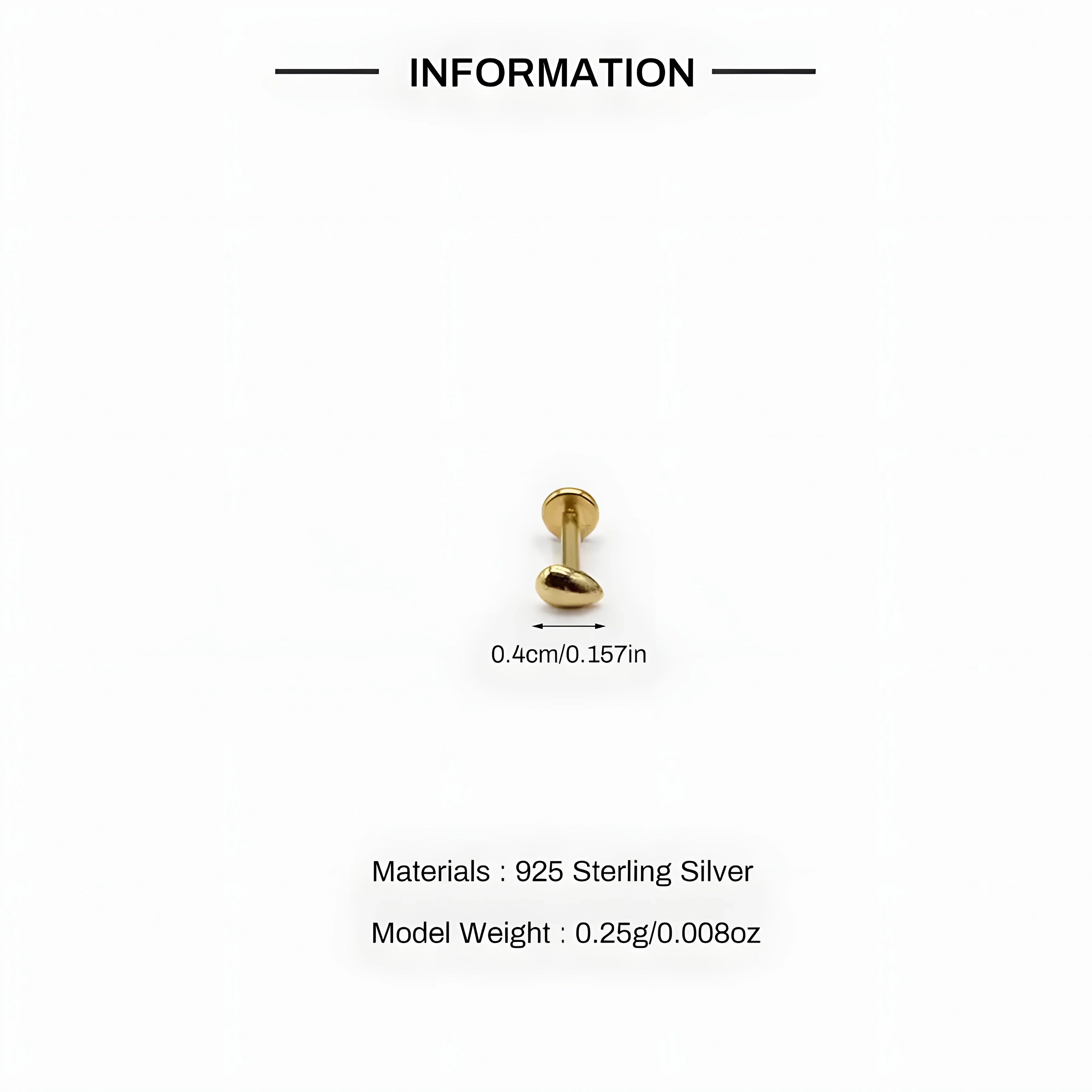 Gold zircon stud earring, 925 sterling silver, minimal style, 0.4cm size on white background
