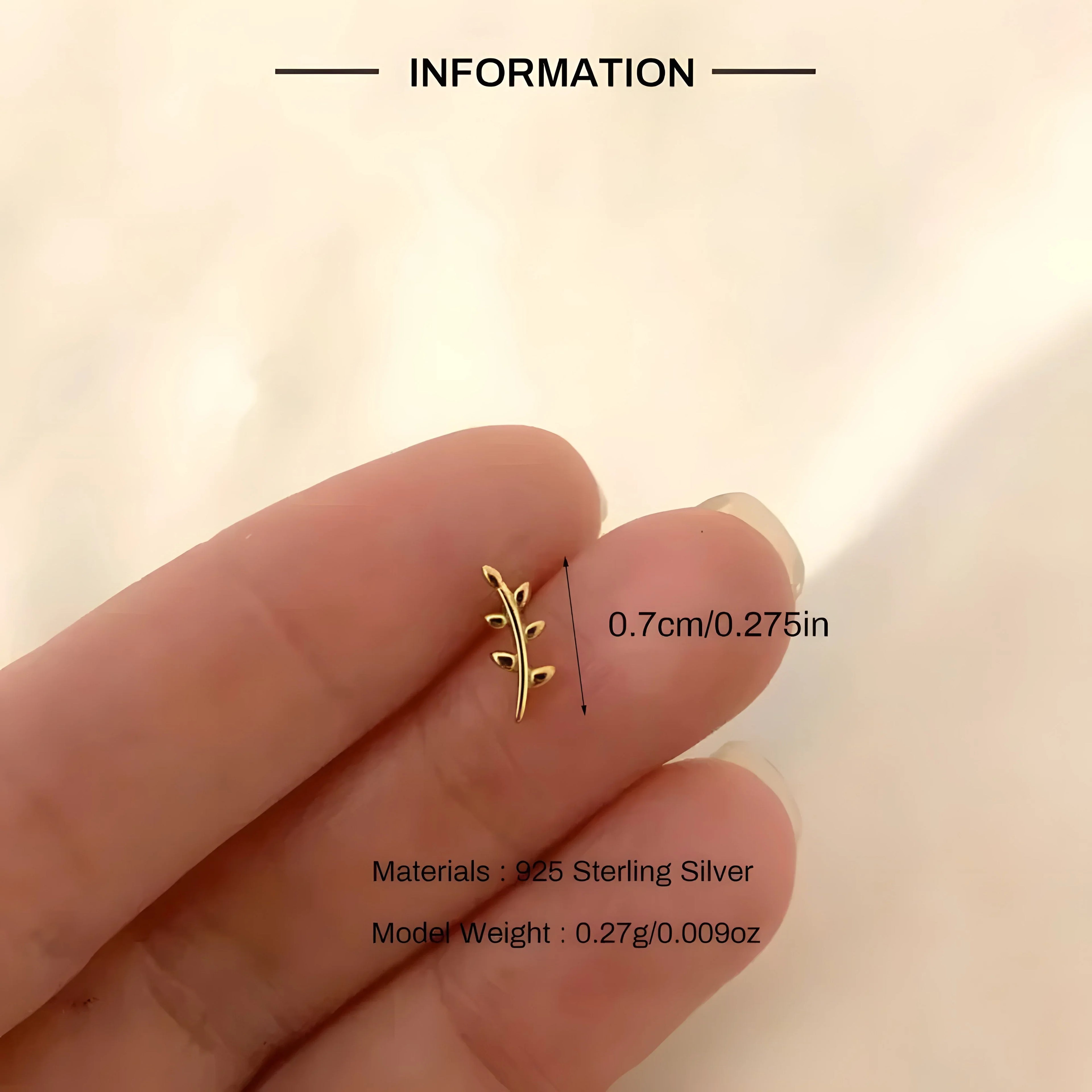 Gold leaf zircon stud earring, 925 sterling silver, minimalist style, small size on hand