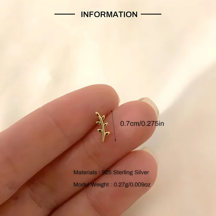 Gold leaf zircon stud earring, 925 sterling silver, minimalist style, small size on hand
