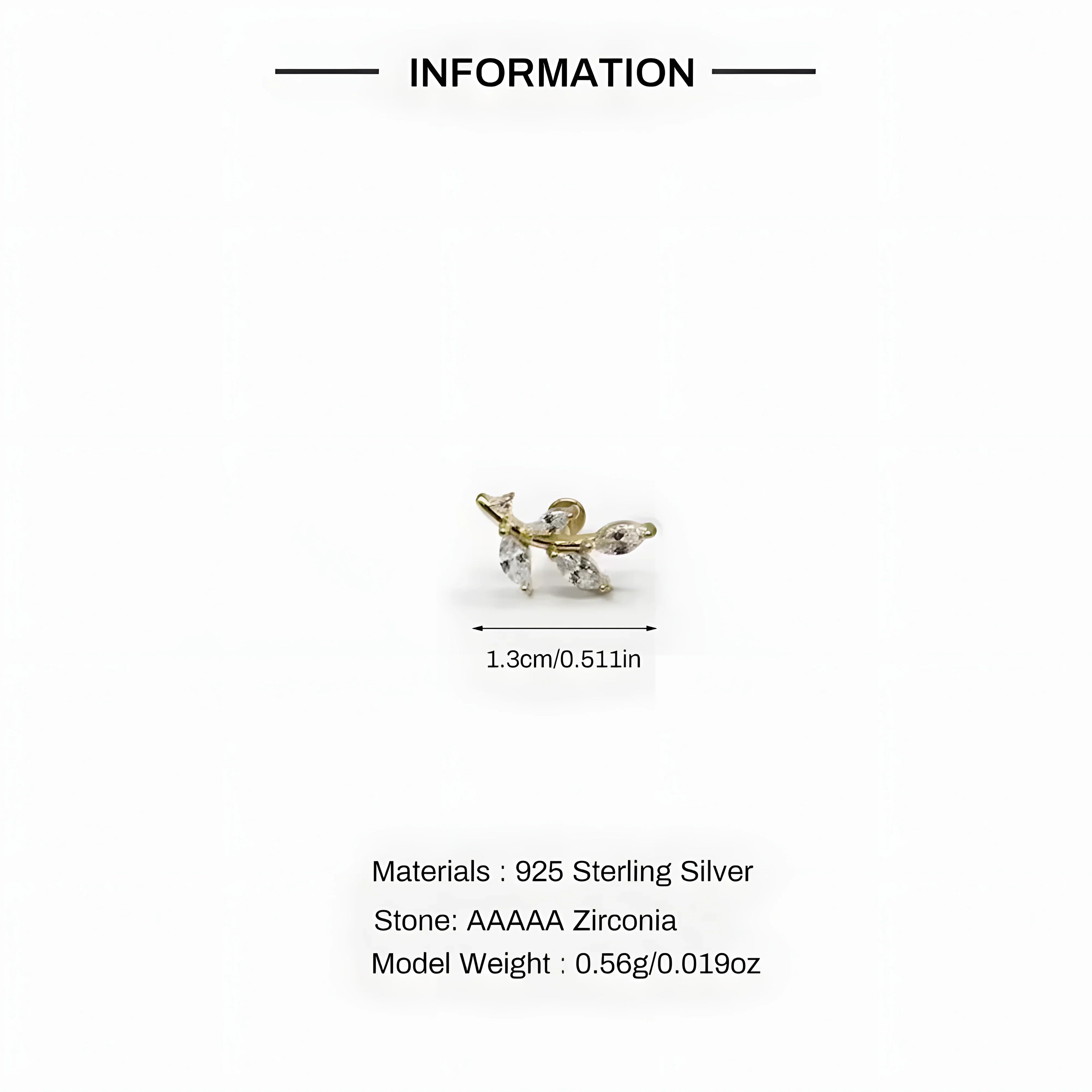 Zircon stud earring in 925 sterling silver with gold-tone and clear marquise zirconia, minimalist style.