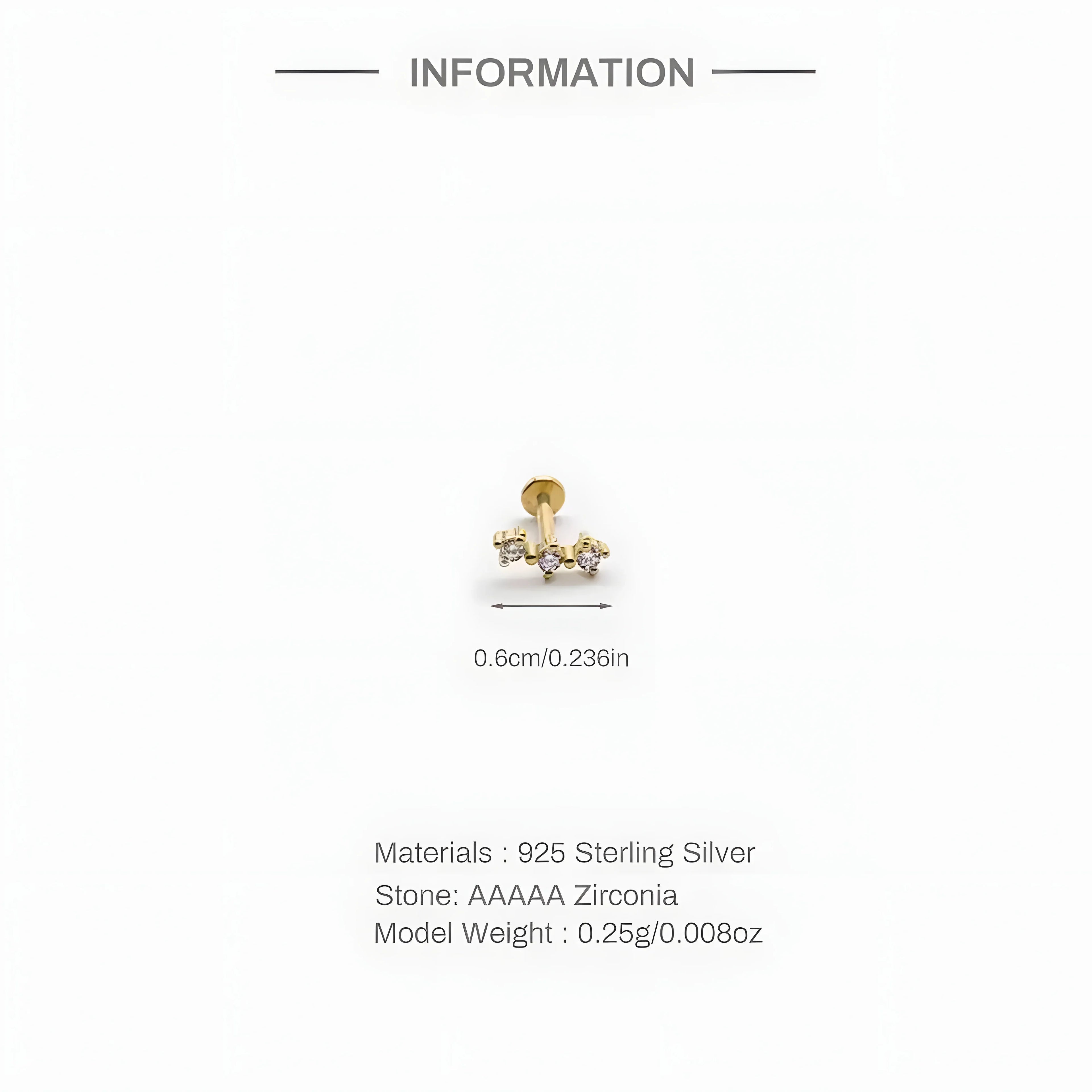 Gold zircon stud earrings, 925 sterling silver, cubic zirconia, minimal modern style, 0.6cm size.