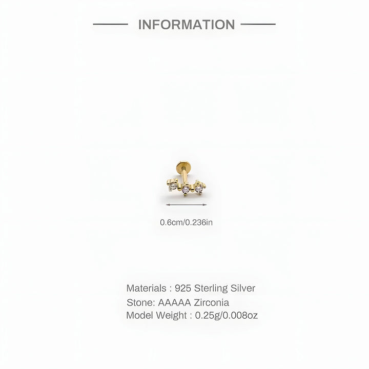Gold zircon stud earrings, 925 sterling silver, cubic zirconia, minimal modern style, 0.6cm size.