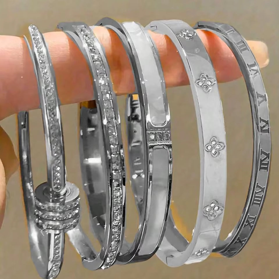 ZAKOL 5/1Pcs Sparkling Zirconia Inlaid Stainless Steel Bracelet Set for Women Stackable Bangles Fashion Non Fading Jewelry Gift