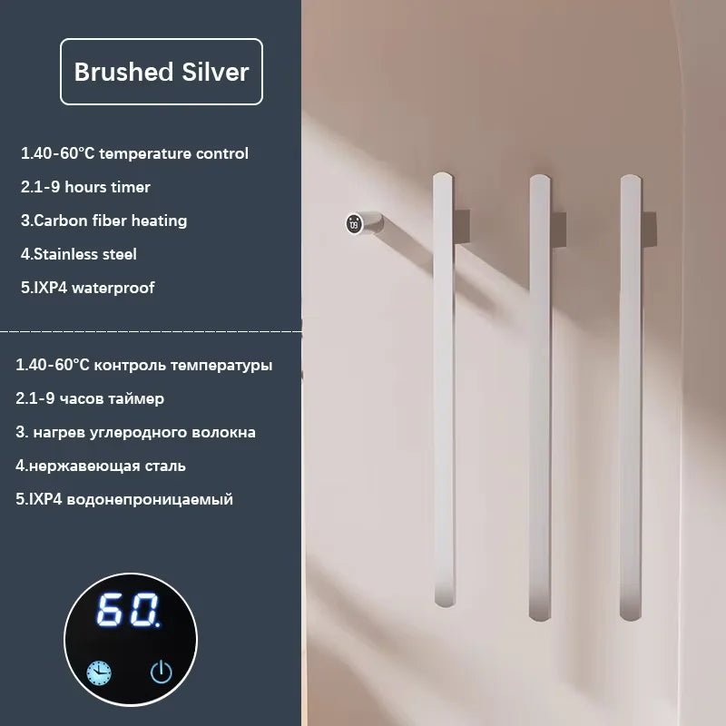 Gray Bathroom Towel Warmer Hidden Wires Electric Heated Towel Rail Temperature Time Control Bath Electric Towel Rack
