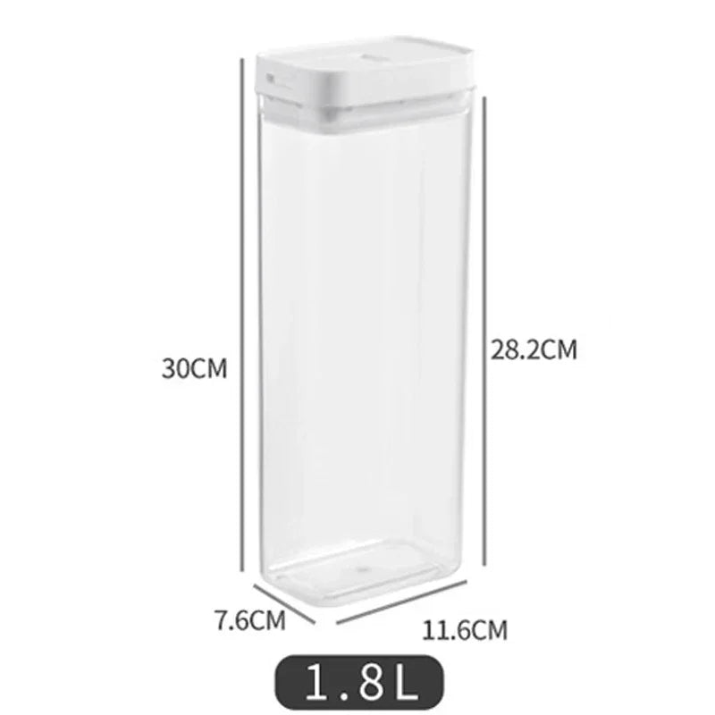Clear 1.8L rectangular plastic food storage container with white lid for kitchen organization