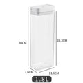 Clear 1.8L rectangular plastic food storage container with white lid for kitchen organization