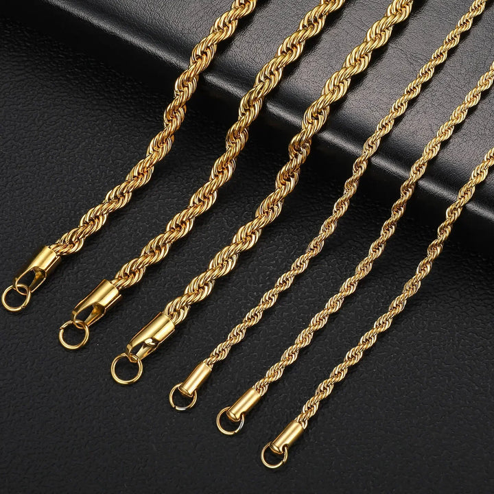 2-6MM Gold Color Twisted Rope Chain Necklace Stainless Steel Never Fade Waterproof Choker for Men Women Fashion Jewelry