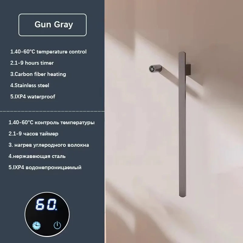 Gray Bathroom Towel Warmer Hidden Wires Electric Heated Towel Rail Temperature Time Control Bath Electric Towel Rack