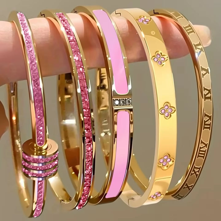 ZAKOL 5/1Pcs Sparkling Zirconia Inlaid Stainless Steel Bracelet Set for Women Stackable Bangles Fashion Non Fading Jewelry Gift