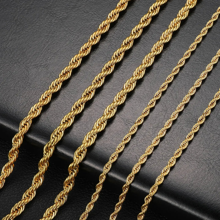 2-6MM Gold Color Twisted Rope Chain Necklace Stainless Steel Never Fade Waterproof Choker for Men Women Fashion Jewelry
