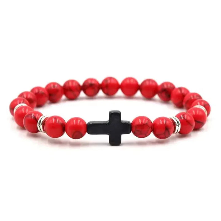Red gemstone beaded bracelet with black cross charm, minimalist unisex jewelry style