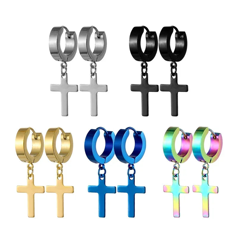 Stainless steel cross hoop earrings in silver, black, gold, blue, and rainbow minimalist styles.