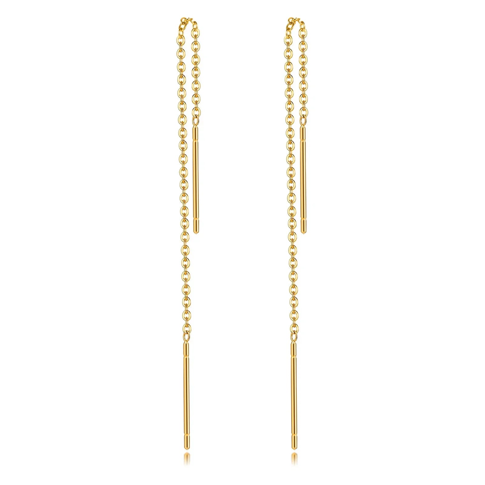 Gold chain drop earrings with minimalist bar design, elegant and timeless for everyday wear