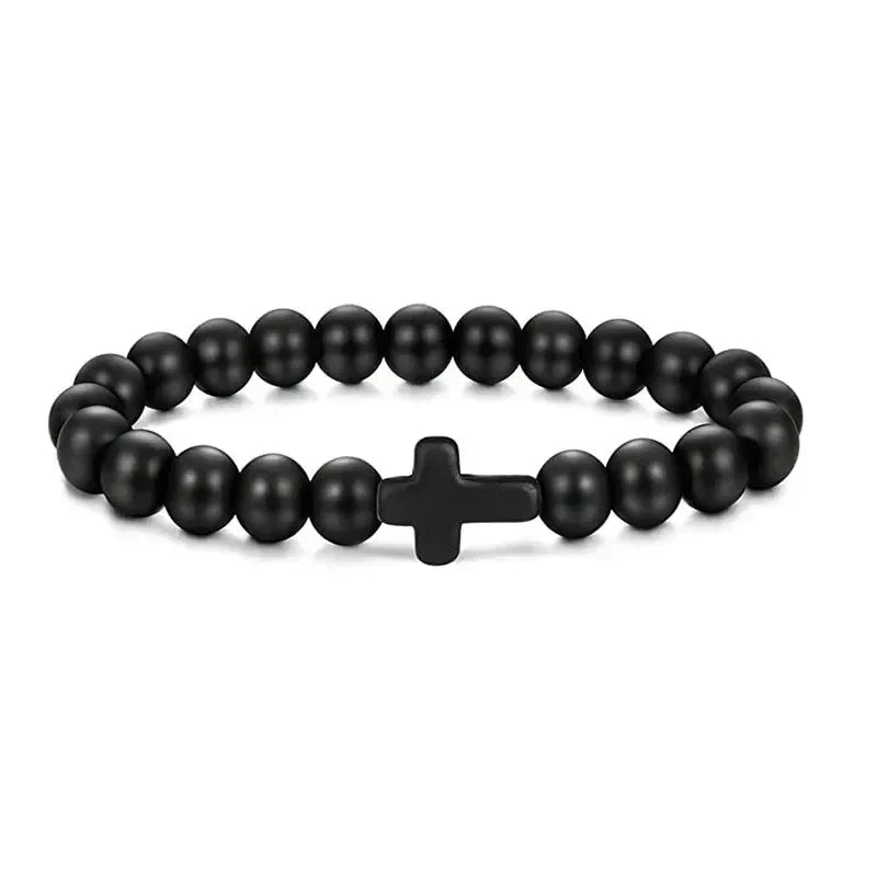 matte black bead bracelet with cross, minimalist stretch jewelry, unisex modern style