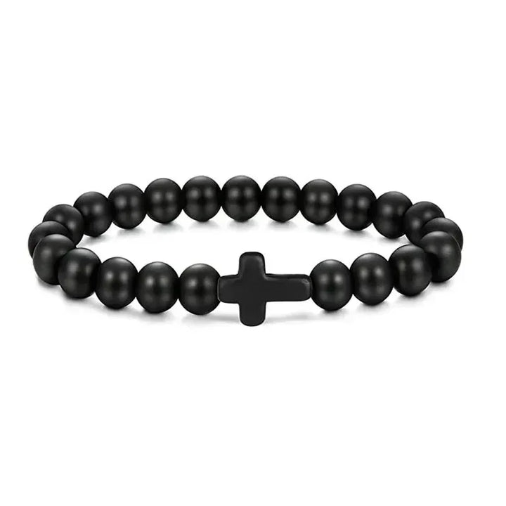 matte black bead bracelet with cross, minimalist stretch jewelry, unisex modern style