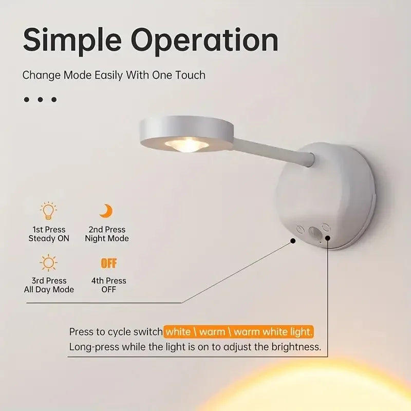 USB Rechargeable Intelligent Human Sensing Wireless Wall Light Dimmable Led Spotlight for Lighting Paintings Pictures 3 Colors