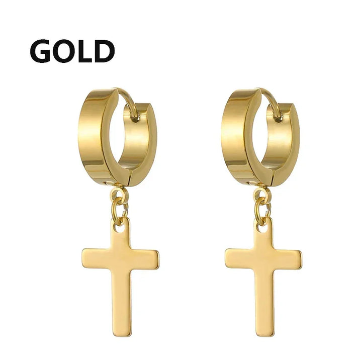 Gold stainless steel hoop cross earrings, minimalist style, polished finish jewelry