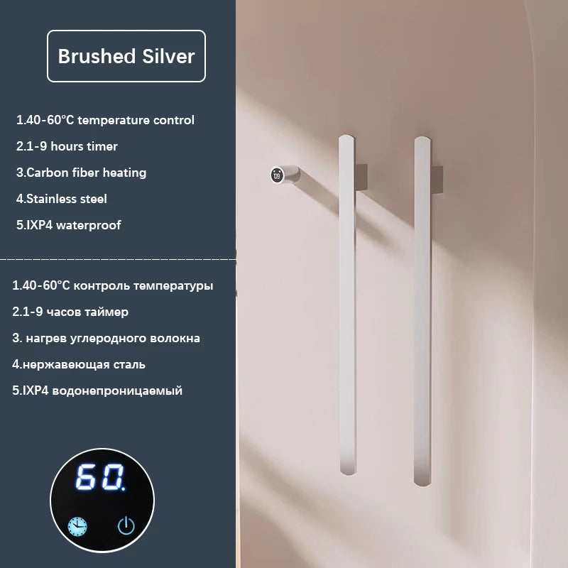 Gray Bathroom Towel Warmer Hidden Wires Electric Heated Towel Rail Temperature Time Control Bath Electric Towel Rack