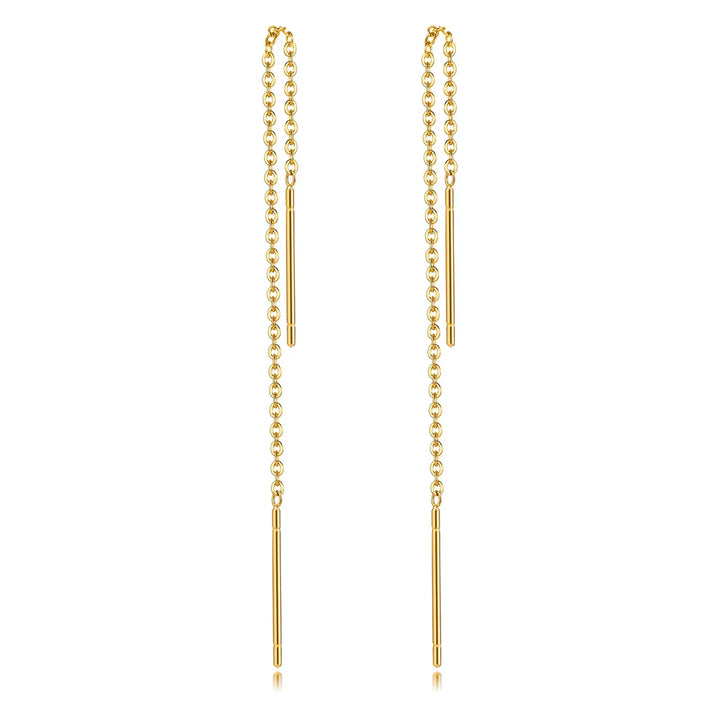 Gold chain earrings with minimalist bar drops, sleek and elegant design for everyday wear