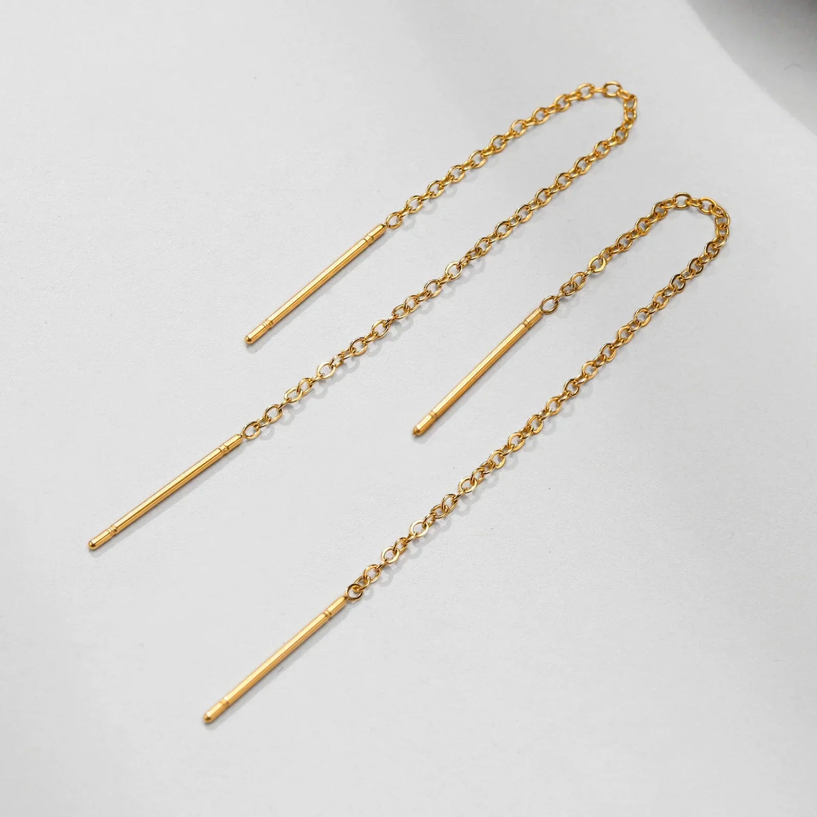 Gold bar drop earrings with chain, minimalist style, gold-tone metal, elegant everyday jewelry