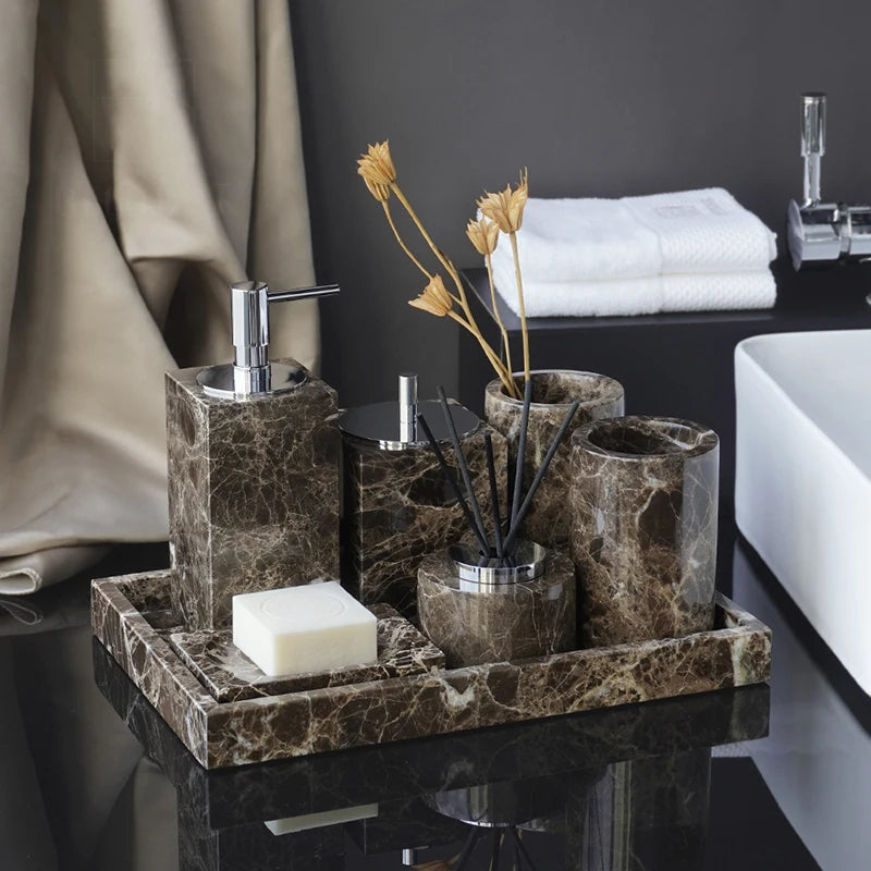 Emperador Dark Natural Marble Bathroom Accessories Luxury Soap Dispenser Soap Dish Reed Diffuser Bathroom Set