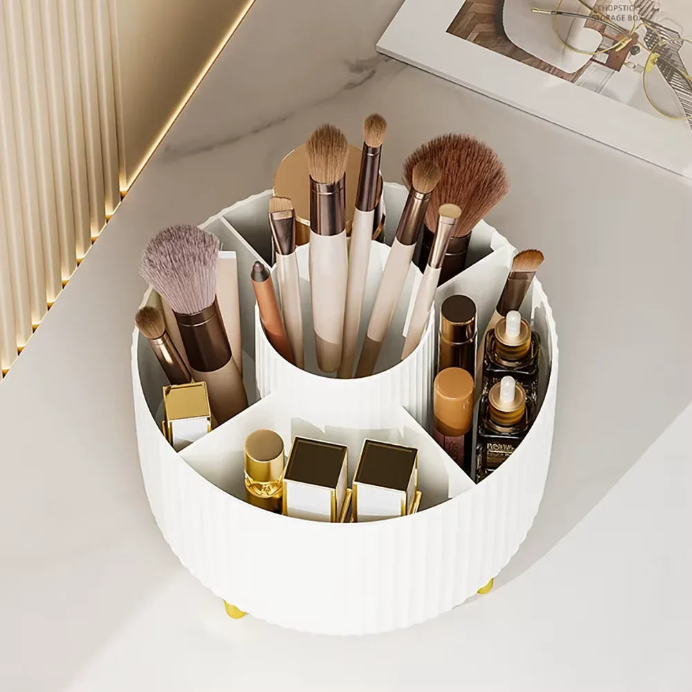 White ribbed makeup brush and cosmetic organizer with gold accents for vanity storage